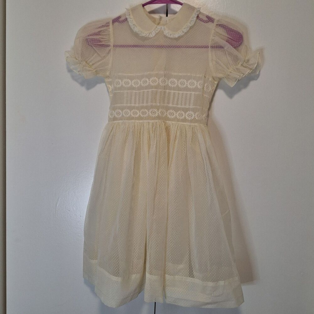 Vintage Girls White Ivory Organza Chiffon Embroidered Party Dress 1940s 1950s